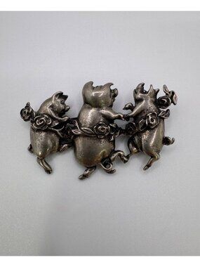 Vintage 3 Little Pigs Dancing Brooch Silver Tone Figural Floral Storybook